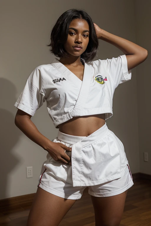 Brazilian, 25 years old, short straight hair, dark skin, wearing Karate clothes, thick legs, big hips