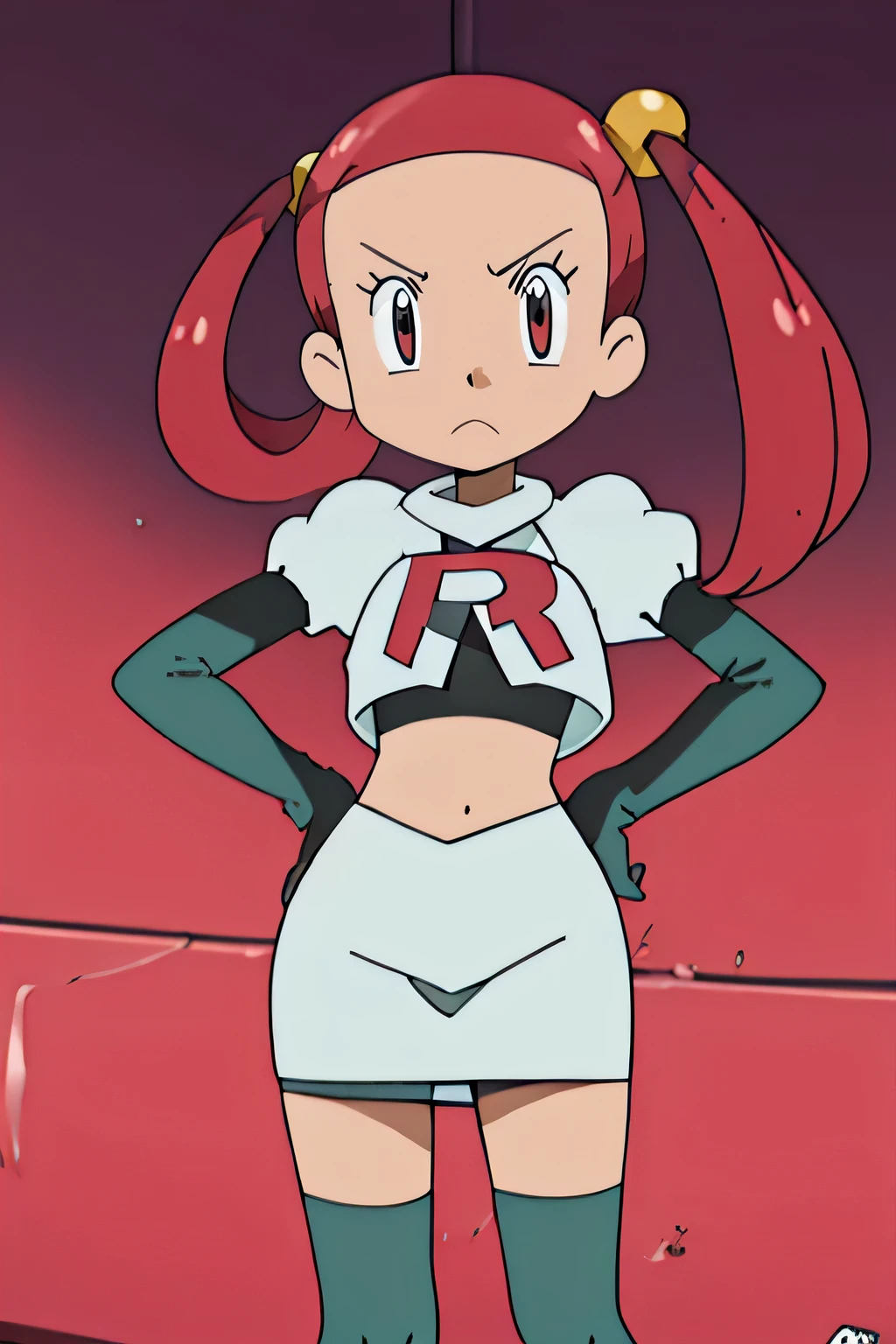 team rocket uniform, red letter r, white skirt,white crop top,black thigh-high boots, black elbow gloves, glaring angrily, looking at viewer, hands on hips, full body seen