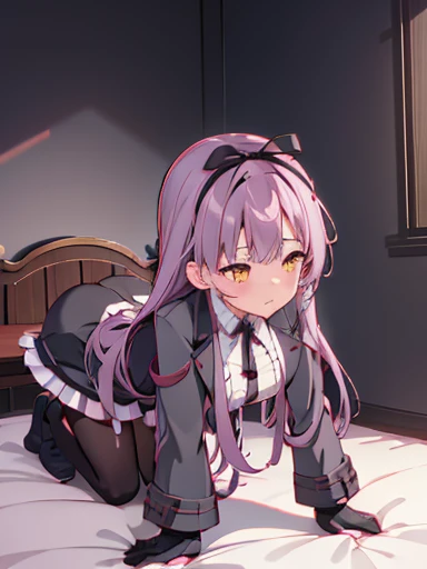 (nsfw),((vaginal )),Semen dripping、highest quality、sex、inside the bedroom, on the bed,crawl on all fours 、From the back, blush、涙eye、Crying face、resistance、glaring,(1 girl), (beautiful detailed girl), Len Bright, yellow_eye, purple hair, long hair, Broke up_前hair, hair_ribbon, black coat, white shirt, pantyhose, black knee boots, short black skirt, frills, black_gloves, ,, smug