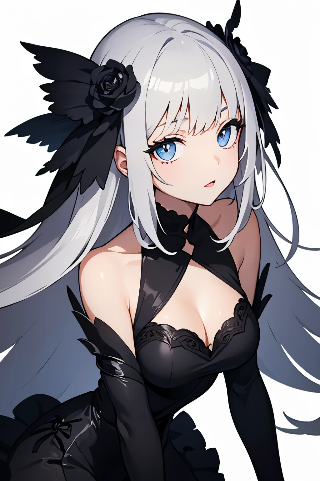 1girl, anime, cute girl, blank background, white background, fantasy, detailed dark fantasy dress with highlights, beautiful face, beautiful eyes, dark colors, silver hair, slightly small breasts, slight cleavage, beautiful skin, cute, breast curtains, extremely delicate and beautiful, (beautiful detailed face:1.0), (detailed deep eyes), symmetrical breasts, deep eyes, shiny skin, portrait, slender waist, hips wider than shoulders, thighs, young girl, expressionless, luminous eyes