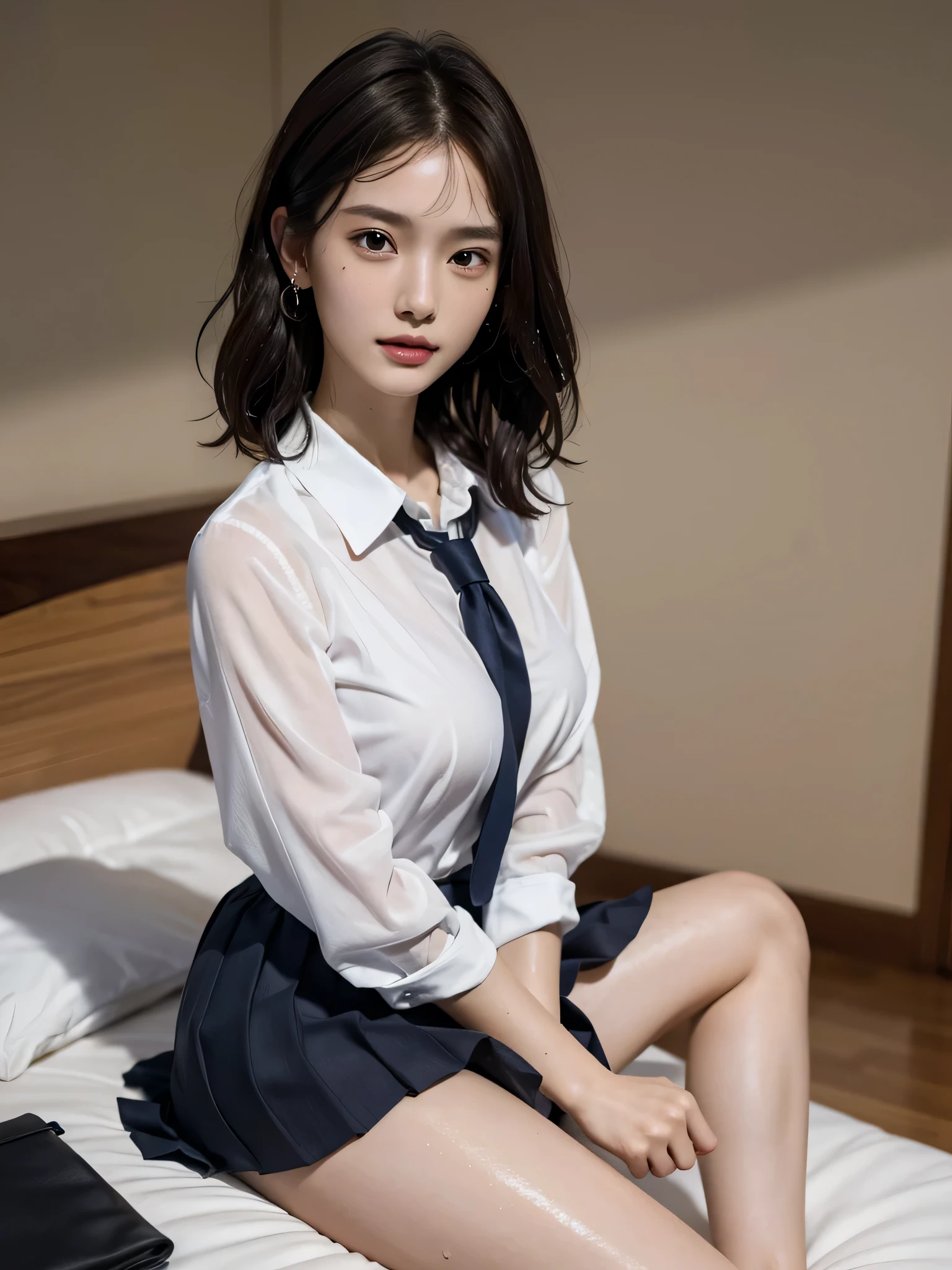 disorganized, RAW photo, very delicate and beautiful, masterpiece, highest quality, ultra high resolution, 16k, surreal, super detailed, perfect anatomy, super dense skin, perfect figure, Highly detailed CG 8k wallpaper, 20's, very slim body, tight waist, very small head, very small face, delicate features, tearful mole, earrings, thin legs, (very huge round breasts), 1 girl, (full body shot), barefoot, short hair, wavy hair, light brown hair, ((Wet)), (school uniform), skirt, collared dress shirt, bed,