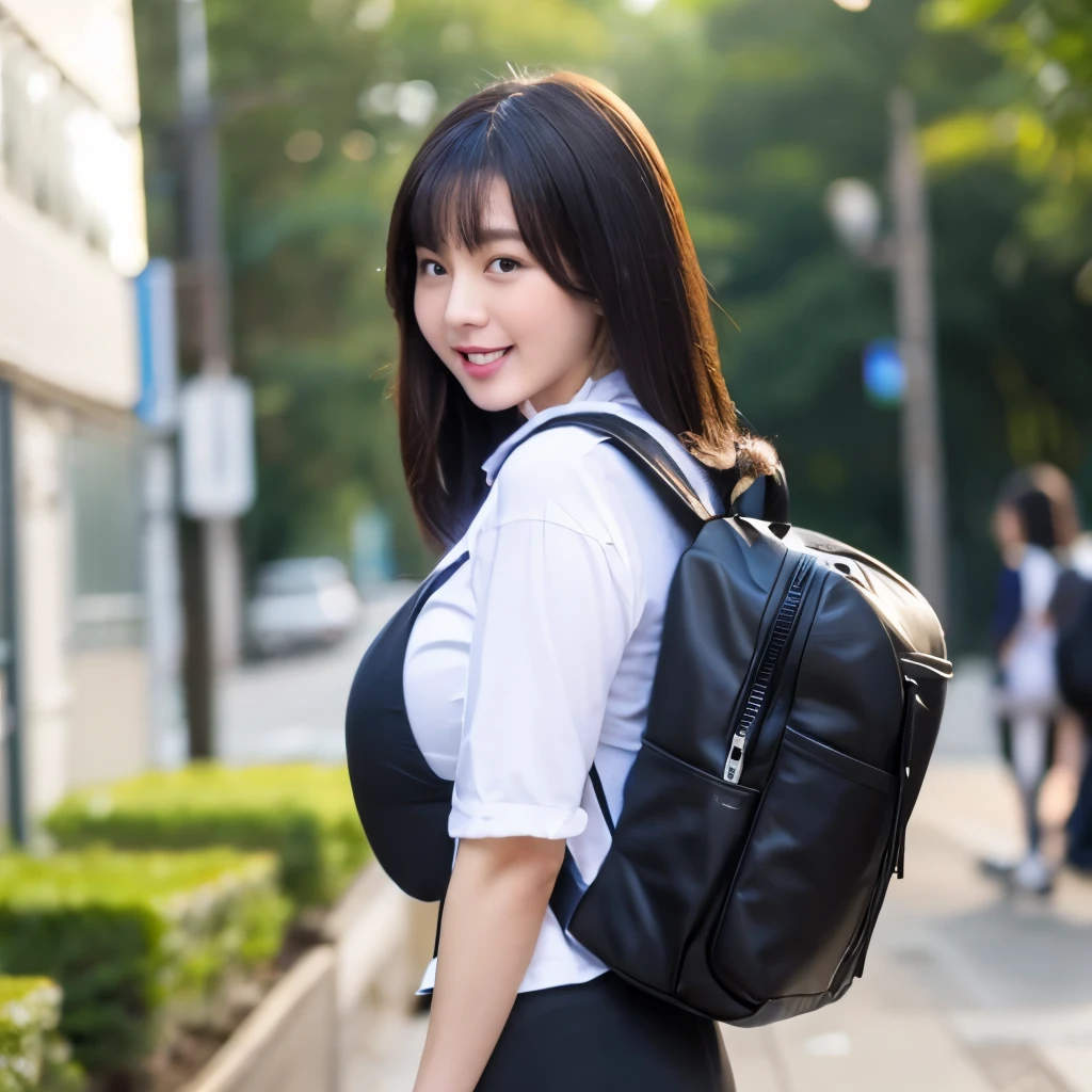 big butt、big breasts、black skin、white of eyes、tongue out、school bag