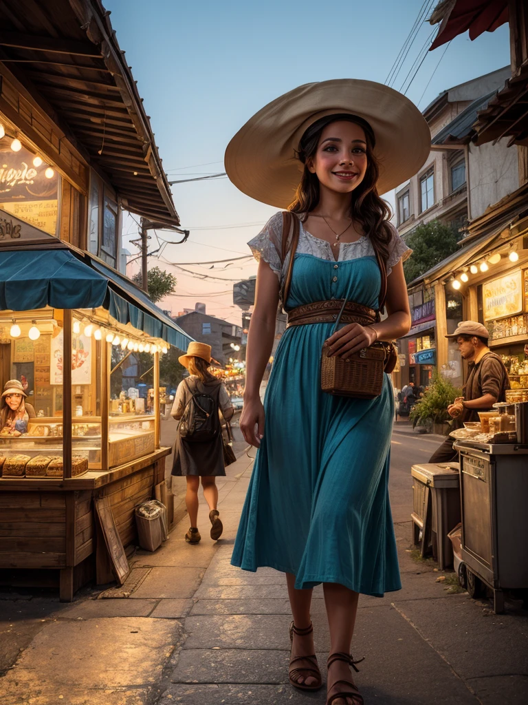 A beautiful woman donning spring costume and newsboy cap walks on a sidewalk of the town with radiant positive expression, insanely detailed roadside street food stalls and coffee shops, vibrant early evening scene, photorealism in Don Lawrence illustration style
