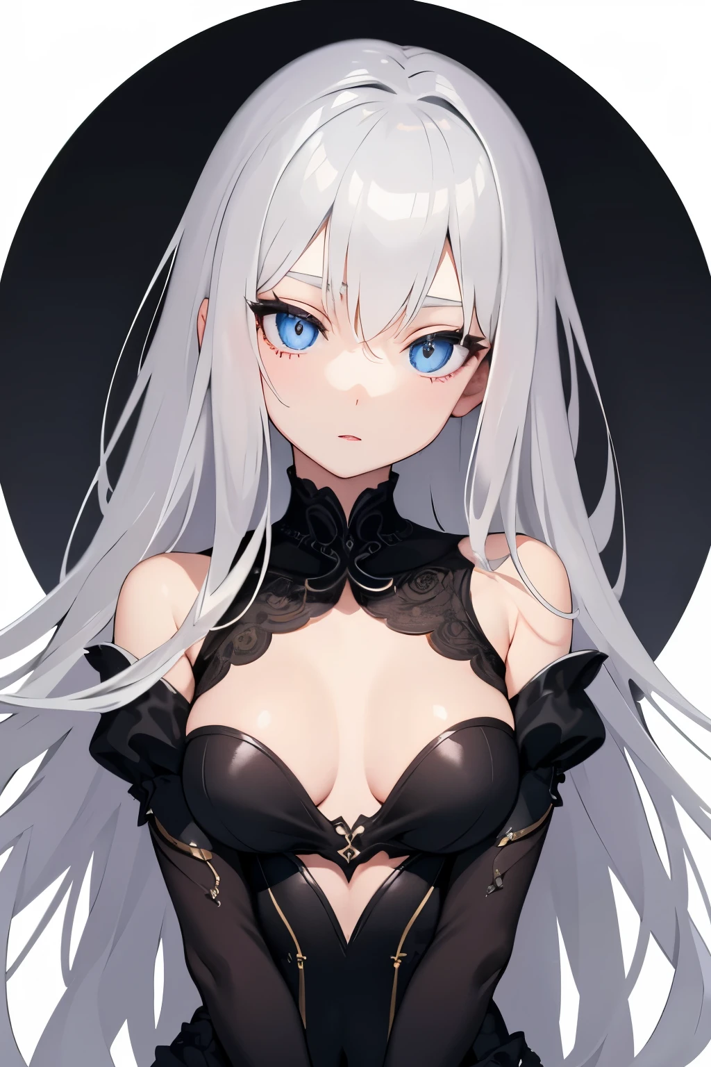 1girl, anime, cute girl, blank background, white background, fantasy, detailed dark fantasy dress with highlights, beautiful face, beautiful eyes, dark colors, silver hair, slightly small breasts, slight cleavage, beautiful skin, cute, breast curtains, extremely delicate and beautiful, (beautiful detailed face:1.0), (detailed deep eyes), symmetrical breasts, deep eyes, shiny skin, portrait, slender waist, hips wider than shoulders, thighs, young girl, expressionless, luminous eyes