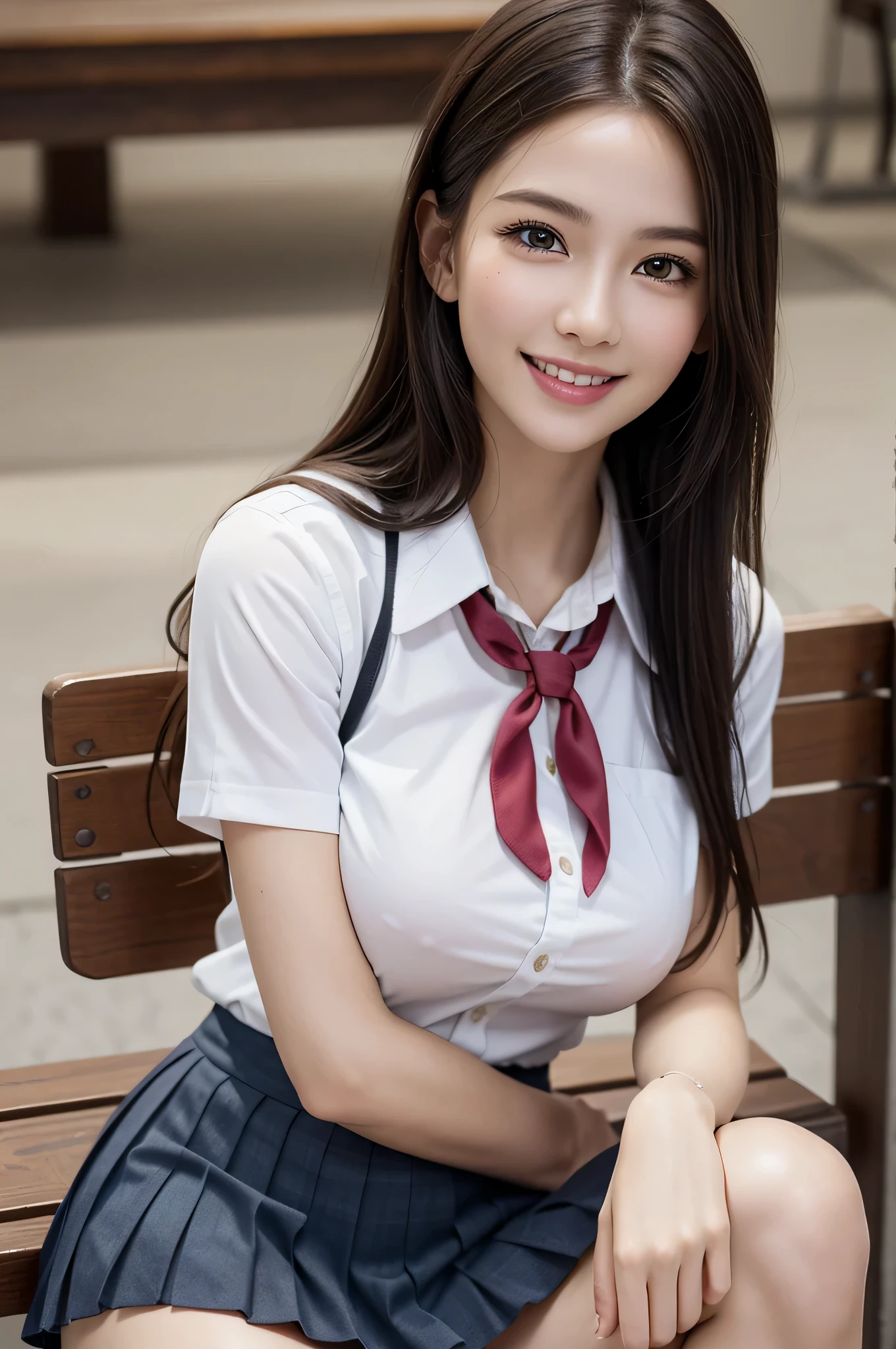 (1 girl), wonderful face and eyes, (big round eyes:1.15), (Highly detailed beautiful face), smile, (school uniform, pleated mini skirt:1.3), (school uniform with open breasts), (highest quality:1.4), (super detailed), (surreal, realistic:1.37), fair skin, Highly detailed CG integrated 8k wallpaper, RAW photo, professional photos, cinematic lighting, sitting, bench, spread your legs, (No panties:1.2), (cleft of venus:1.3), (Cherry Blossom), 