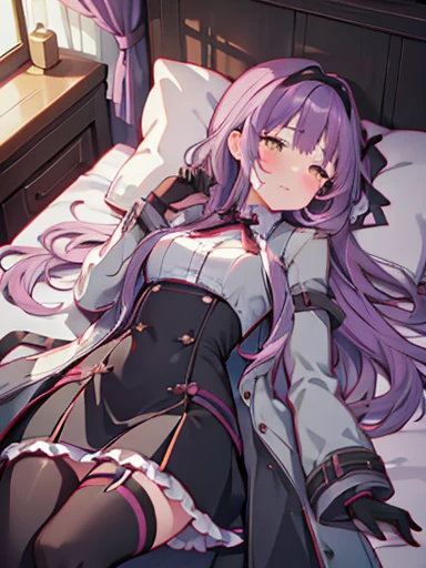 nsfw,Sleep in bed、lie down、On your back、open your legs、vaginal ejaculation、It's inside、dripping、vaginal _Large amount、Hand up、Holding a pillow、blush、涙eye、Crying face、resistance、glaring,(1 girl), (beautiful detailed girl), Len Bright, yellow_eye, purple hair, long hair, Broke up_前hair, hair_ribbon, black coat, white shirt, pantyhose, black knee boots, short black skirt, frills, black_gloves, ,, smug