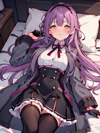 nsfw,Sleep in bed、lie down、On your back、open your legs、vaginal ejaculation、It's inside、dripping、vaginal _Large amount、Hand up、Holding a pillow、blush、涙eye、Crying face、resistance、glaring,(1 girl), (beautiful detailed girl), Len Bright, yellow_eye, purple hair, long hair, Broke up_前hair, hair_ribbon, black coat, white shirt, pantyhose, black knee boots, short black skirt, frills, black_gloves, ,, smug