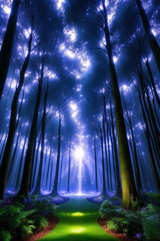The image portrays a mystical night forest, where a large, radiant oval glows with a captivating purple light in the backdrop. This mesmerizing orb is encircled by trees on either side, their leaves casting a shimmering bluish reflection. The scene exudes an ethereal aura, evoking feelings of a classic fairy tale or a dreamlike fantasy setting. (HDR:1.3), (Mystical:1.2), (Magical:1.1), (Enchanted:1.1), (Night Forest:1.1), (Fairy Tale:1.1), (Fantasy scene:1.1
