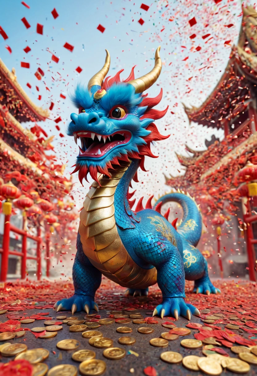 Chinese Lunar New Year has arrived,baby oriental dragon,hairy body,big furry head,blue,Silly dragon,interesting。Many gold coins burst out from firecrackers,Red and gold confetti flying in the sky,Gold coin rain,A strong festive atmosphere,It was very lively。