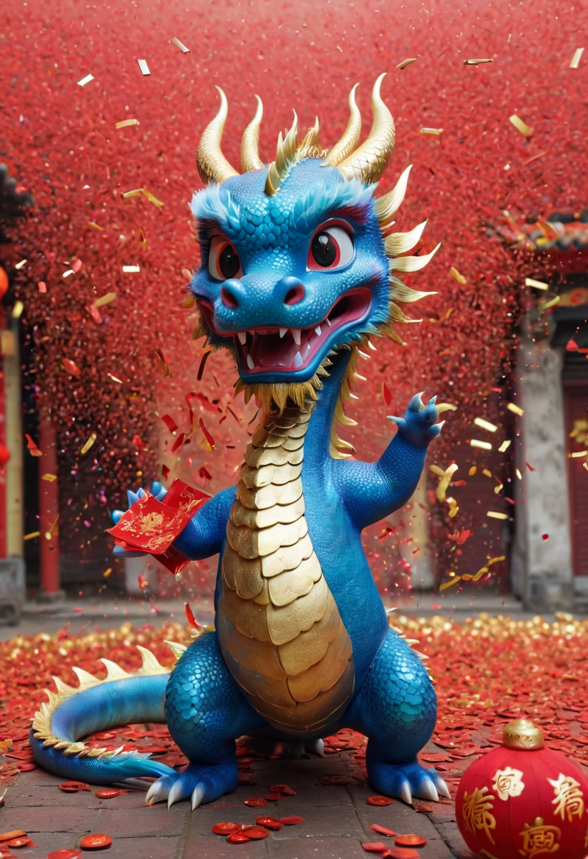 Chinese Lunar New Year has arrived,baby oriental dragon,hairy body,big furry head,blue,Silly dragon,interesting。Many gold coins burst out from firecrackers,Red and gold confetti flying in the sky,Gold coin rain,A strong festive atmosphere,It was very lively。