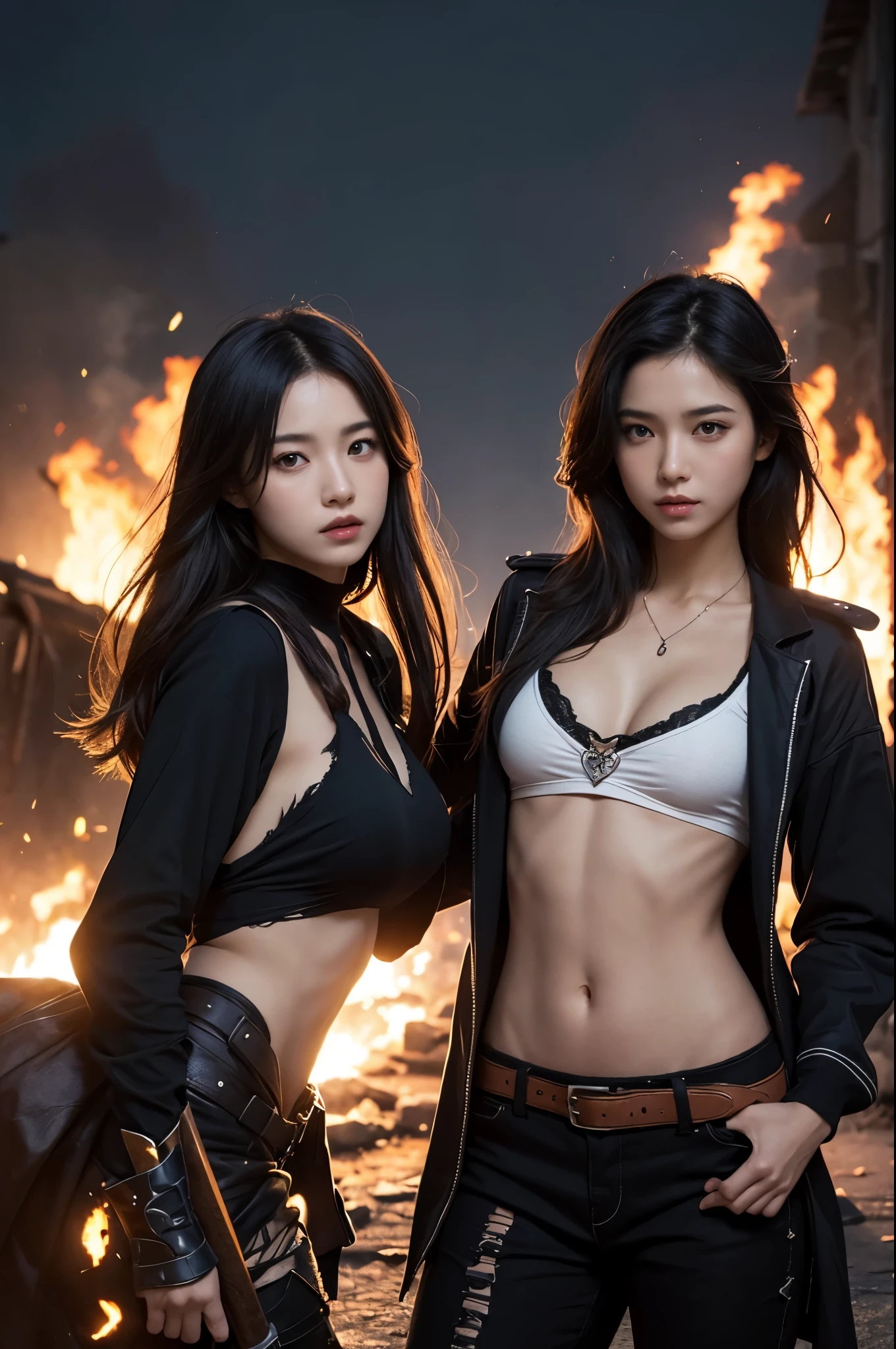 (Ultra quality:1.2), (Ultra detailed:1.2), (Ultra detailed clothes:1.2), (Ultra detailed face:1.2), (Ultra detailed eyes:1.2), (Ultra detailed body:1.2), (Ultra detailed weapons:1.2), young pirate girls, torn clothes, different hair colors, sword fights, battlefield in the background, fire in the background, night