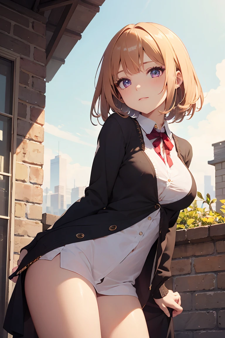masterpiece, absurdres, best quality, ultra detailed, high Resolution, detailed illustration, extremely beautiful detailed face and eyes, Delicate beautiful face, bright colour, 1girl, cute face, magenta eyes, sparkling eyes, big eyes, medium breasts, (perky breasts:1.1), (pointy breasts:1.1), medium hips, glamorous body, white skin, happy, BREAK, long bob cut, (blonde hair:0.8), messy hair, detailed hair, shiny hair, BREAK cardigan, tiny ribbon, real world, natural lights, perfect lighting, outdoor, from below,