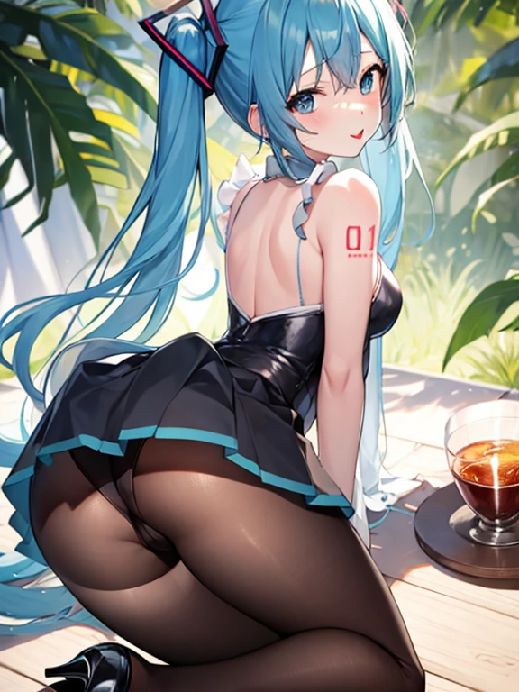A cup、slender、small breasts、Hatsune Miku、blue hair、plump thighs、black pantyhose、Sukesuke costume、Clothes that reveal the back、No sleeve、black glove、tongue out、My chest is exposed、bending over and sticking out his butt、butt is right in front of you、The eyes are on the viewer、high heels、unusually short skirt、There are see-through panties under the pantyhose. 、Composition from the back、Bite into costumes