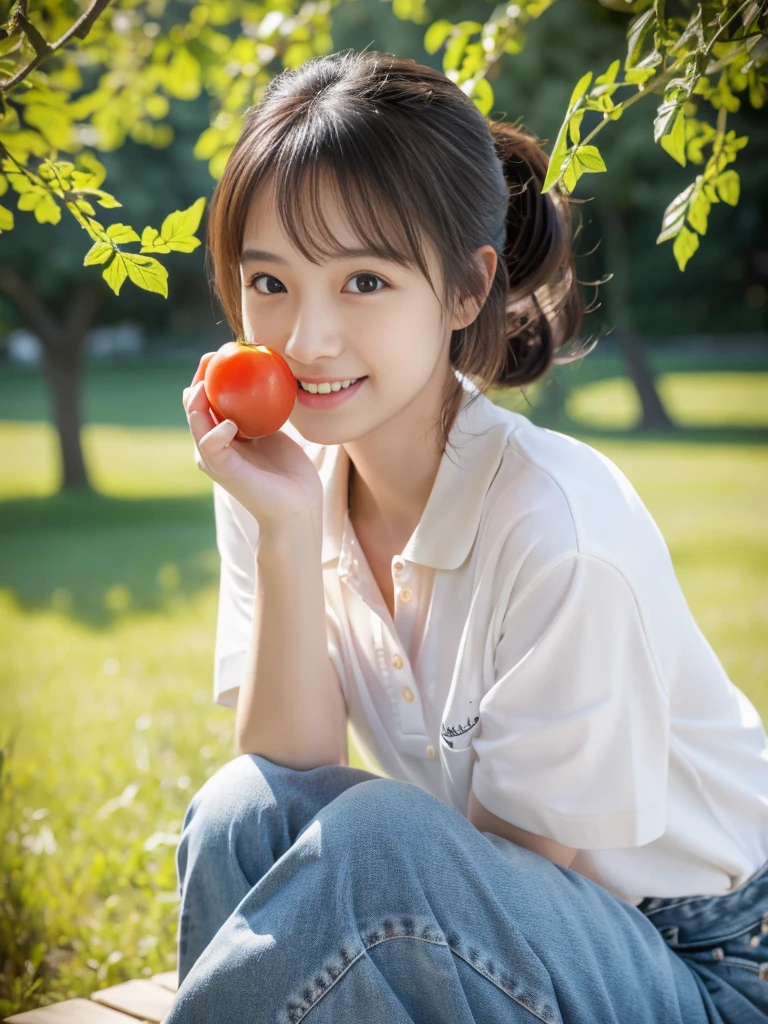 ((A girl is holding a small tomato in her hand)),field,There is a tomato tree in front of me,squatting,Full body shot from a distance:1.4,ultra-realistic capture, very detailed, 人間の皮膚のHigh resolution16kクローズアップ. Skin texture must be natural, Enough detail to finely identify pores. skin needs to look healthy, with an even tone. Use natural light and color,(highest quality,4K,8K,High resolution,table top:1.2),super detailed,very detailed目と顔,beautiful and fine eyes,beautiful detailed lips,long eyelashes,((realistic)),realistic:1.37,Japanese,fine white skin,(skinny jeans,polo shirt)),beautiful and magnificent composition,Charm,cute,silky smooth and straight hair,sharp focus,sunny,smiling cheerfully,(With a round face),