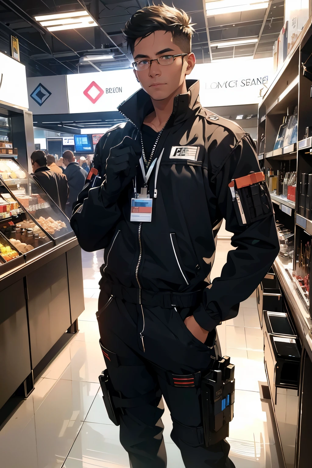 (In an 8K, RAW photograph of striking clarity and best quality,) a proficient arms dealer, (with a sharp gaze and calculating expression,) stands amidst (the authentic and futuristic wonders,) of his advanced arms store. Surrounded by intricately designed display cabinets and workbenches, brimming with plasma guns and modification tools, (the dealer exhibits a sense of proud ownership.) His merchants, dressed in sleek jumpsuits, busily attend to customers, their eyes often fixated on the latest futuristic technology of arms and ammo. (The atmosphere is filled with a palpable energy and vibrancy,) as the dealer deftly