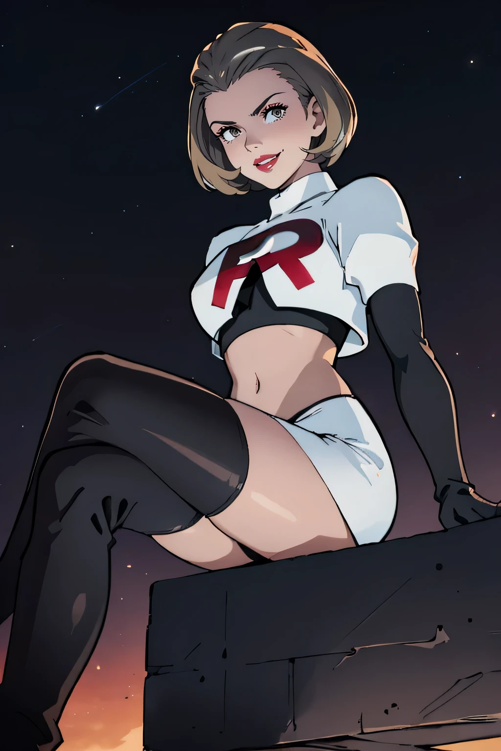 defManuela,glossy lips ,team rocket uniform, red letter R, white skirt,white crop top,black thigh-high boots, black elbow gloves, evil smile, sitting down, looking down on viewer ,legs crossed, night sky background