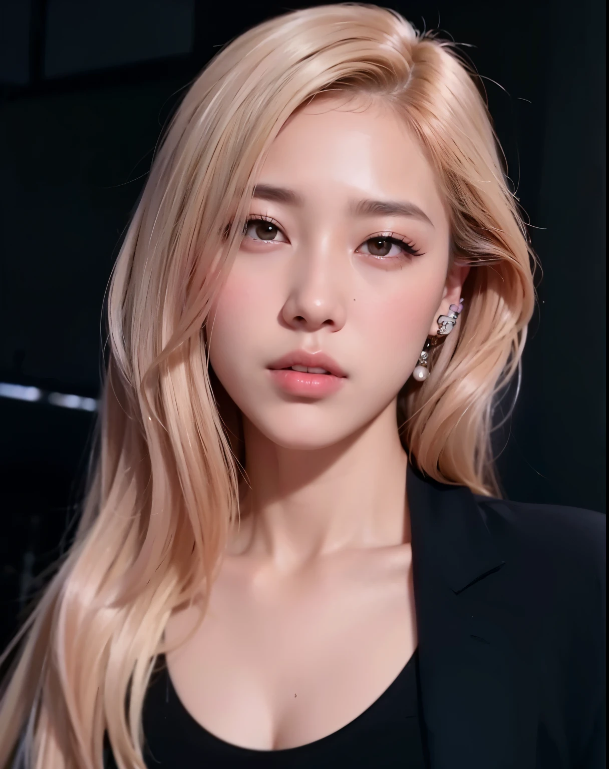 Un primer plano de una mujer con el pelo largo y rubio con un top negro, portrait of jossi of rosa negro, roseanne park of rosa negro, jossi of rosa negro, portrait jisoo rosa negro, retrato de ídolo coreano femenino, retrato del ídolo kpop, jisoo from rosa negro, Jinyoung Shin, rosa negro, sol yunjoo, lalisa manoban of rosa negro, Lalisa Manobal