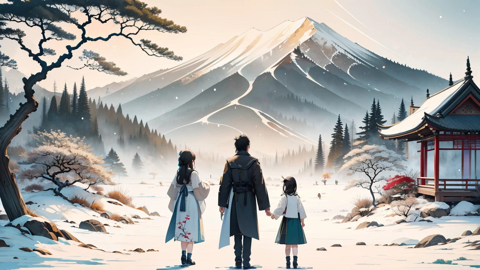 illustration of a family in a snowy land, mother, father, daughter, 3 people, snow landscape, winter clothes, black hair, facing away, back turned, not looking at camera, upper body, Chinese dress, ink smudges, inky, abstract, Chinese aesthetic, Absurd, high resolution, ultra-detailed, (1 girl:1.3),