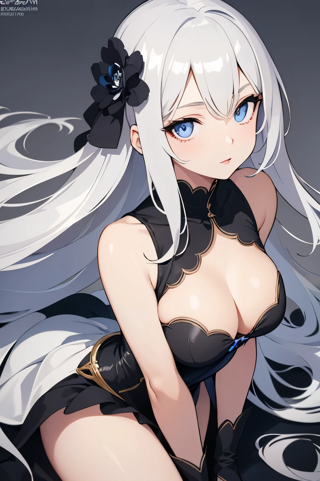 1girl, anime, cute girl, blank background, white background, fantasy, detailed dark fantasy dress with highlights, beautiful face, beautiful eyes, dark colors, silver hair, slightly small breasts, slight cleavage, beautiful skin, cute, breast curtains, extremely delicate and beautiful, (beautiful detailed face:1.0), (detailed deep eyes), symmetrical breasts, deep eyes, shiny skin, portrait, slender waist, hips wider than shoulders, thighs, young girl, expressionless, luminous eyes