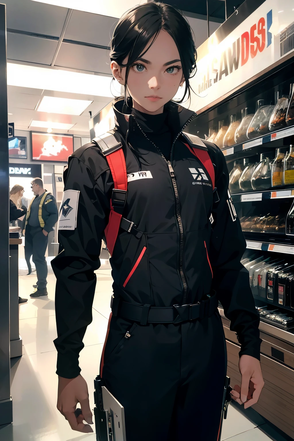 (In an 8K, RAW photograph of striking clarity and best quality,) a proficient arms dealer, (with a sharp gaze and calculating expression,) stands amidst (the authentic and futuristic wonders,) of his advanced arms store. Surrounded by intricately designed display cabinets and workbenches, brimming with plasma guns and modification tools, (the dealer exhibits a sense of proud ownership.) His merchants, dressed in sleek jumpsuits, busily attend to customers, their eyes often fixated on the latest futuristic technology of arms and ammo. (The atmosphere is filled with a palpable energy and vibrancy,) as the dealer deftly