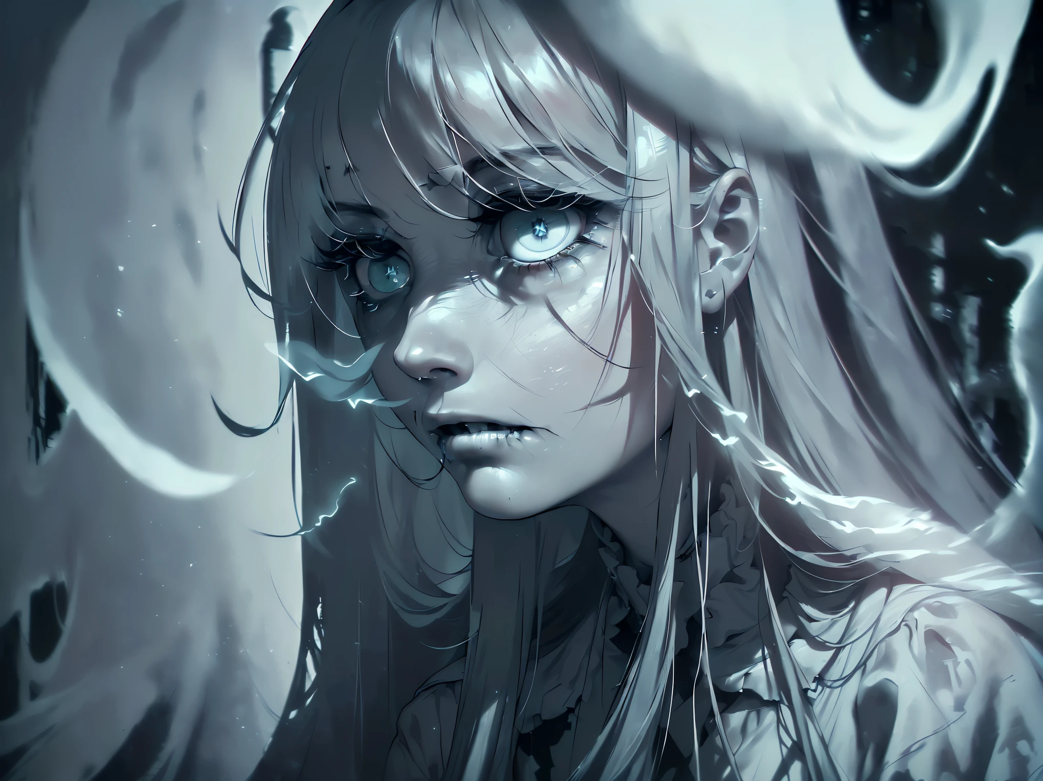 (8K, RAW photo, highest quality, masterpiece: 1.2), Horror Games, Abandoned hospital, Damp atmosphere, dark lighting, pale light, Absent-minded, Inside the dark hospital, Monochrome world, A feeling of being crushed, (((Close-up of a ghostly face of a woman with long hair:1.5))), background bokeh,