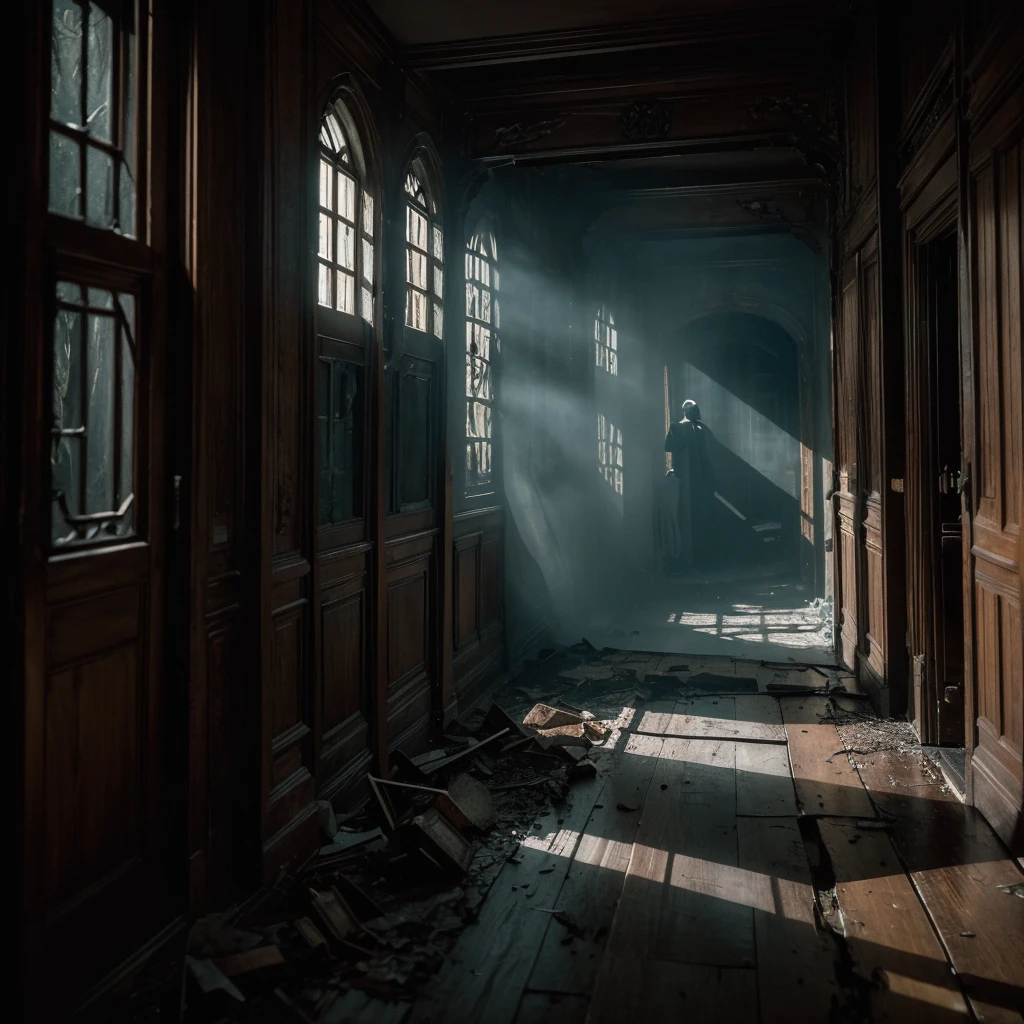 An eerie, haunted mansion with (candles flickering,shadows lurking:darker), and (long, winding hallway:1.2) leading to (creepy, decrepit rooms:1.1) filled with (antique furniture:1.1) covered in (dusty cobwebs:1.1). There is a (creepy, ghostly figure) standing by the (window:0.9), its (pale, translucent hands:1.1) pressed against the glass. The (moonlight:1.1) pierces through the (tattered curtains) casting (eerie shadows) that dance upon the (cracked, wooden floors:1.1).

The atmosphere is filled with (ominous silence:1.1), broken only by the (whispering winds:1.1) that echo through the halls. The air is heavy with (mystery and suspense), as if the mansion holds (dark secrets) just waiting to be uncovered. The (walls:0.9) are adorned with (ancient portraits:1.1) of (forlorn figures), their (haunting eyes:1.1) seeming to follow your every move.

As you explore further, you come across a (forgotten library) with (tattered books) strewn across the (dusty shelves:1.1). The light from a single (flickering candle) reveals (forgotten knowledge) and (spellbinding secrets). The (musty smell) of old parchment fills the room, adding to the sense of (age and decay).

Outside, the (overgrown garden) is shrouded in (dense fog), making it nearly impossible to see beyond a few feet. The (twisted trees) reach towards the sky, their branches resembling (gnarled fingers) that seem to beckon you closer. Among the (overgrown weeds), you spot (mysterious symbols) etched into (crumbling gravestones), hinting at a past shrouded in (dark rituals).

The (color palette) of the scene is dominated by (dark, desaturated tones) with hints of (sinister red) creeping through. The (lighting) is dim, casting long (ominous shadows) that seem to warp reality itself.

With this prompt, I hope to evoke a sense of (eerie unease), to transport the viewer into a chilling and mysterious world.