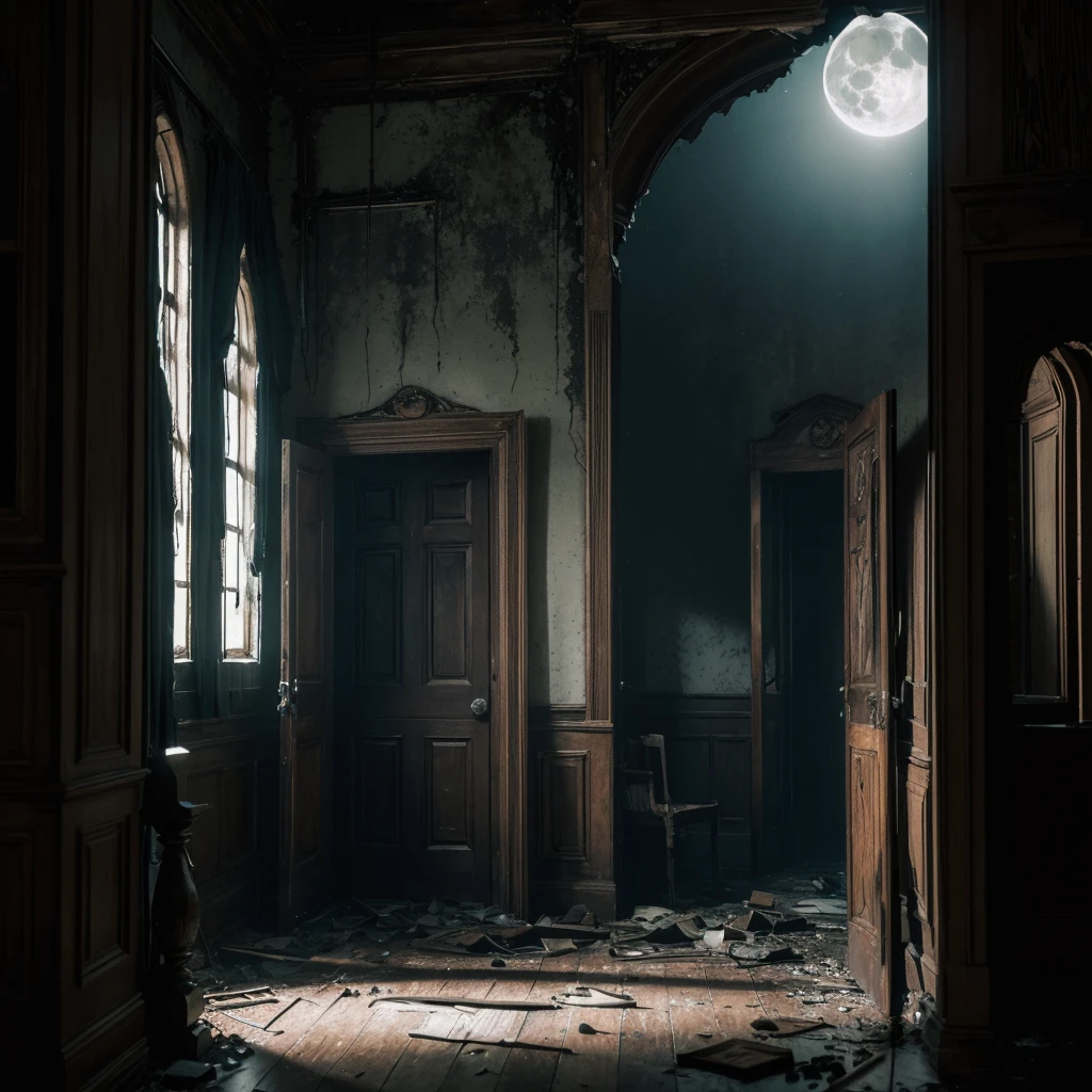 An eerie, haunted mansion with (candles flickering,shadows lurking:darker), and (long, winding hallway:1.2) leading to (creepy, decrepit rooms:1.1) filled with (antique furniture:1.1) covered in (dusty cobwebs:1.1). There is a (creepy, ghostly figure) standing by the (window:0.9), its (pale, translucent hands:1.1) pressed against the glass. The (moonlight:1.1) pierces through the (tattered curtains) casting (eerie shadows) that dance upon the (cracked, wooden floors:1.1).

The atmosphere is filled with (ominous silence:1.1), broken only by the (whispering winds:1.1) that echo through the halls. The air is heavy with (mystery and suspense), as if the mansion holds (dark secrets) just waiting to be uncovered. The (walls:0.9) are adorned with (ancient portraits:1.1) of (forlorn figures), their (haunting eyes:1.1) seeming to follow your every move.

As you explore further, you come across a (forgotten library) with (tattered books) strewn across the (dusty shelves:1.1). The light from a single (flickering candle) reveals (forgotten knowledge) and (spellbinding secrets). The (musty smell) of old parchment fills the room, adding to the sense of (age and decay).

Outside, the (overgrown garden) is shrouded in (dense fog), making it nearly impossible to see beyond a few feet. The (twisted trees) reach towards the sky, their branches resembling (gnarled fingers) that seem to beckon you closer. Among the (overgrown weeds), you spot (mysterious symbols) etched into (crumbling gravestones), hinting at a past shrouded in (dark rituals).

The (color palette) of the scene is dominated by (dark, desaturated tones) with hints of (sinister red) creeping through. The (lighting) is dim, casting long (ominous shadows) that seem to warp reality itself.

With this prompt, I hope to evoke a sense of (eerie unease), to transport the viewer into a chilling and mysterious world.