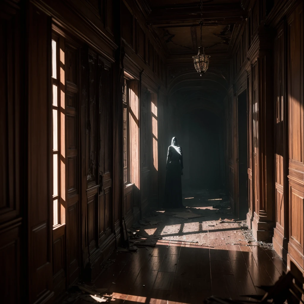 An eerie, haunted mansion with (candles flickering,shadows lurking:darker), and (long, winding hallway:1.2) leading to (creepy, decrepit rooms:1.1) filled with (antique furniture:1.1) covered in (dusty cobwebs:1.1). There is a (creepy, ghostly figure) standing by the (window:0.9), its (pale, translucent hands:1.1) pressed against the glass. The (moonlight:1.1) pierces through the (tattered curtains) casting (eerie shadows) that dance upon the (cracked, wooden floors:1.1).

The atmosphere is filled with (ominous silence:1.1), broken only by the (whispering winds:1.1) that echo through the halls. The air is heavy with (mystery and suspense), as if the mansion holds (dark secrets) just waiting to be uncovered. The (walls:0.9) are adorned with (ancient portraits:1.1) of (forlorn figures), their (haunting eyes:1.1) seeming to follow your every move.

As you explore further, you come across a (forgotten library) with (tattered books) strewn across the (dusty shelves:1.1). The light from a single (flickering candle) reveals (forgotten knowledge) and (spellbinding secrets). The (musty smell) of old parchment fills the room, adding to the sense of (age and decay).

Outside, the (overgrown garden) is shrouded in (dense fog), making it nearly impossible to see beyond a few feet. The (twisted trees) reach towards the sky, their branches resembling (gnarled fingers) that seem to beckon you closer. Among the (overgrown weeds), you spot (mysterious symbols) etched into (crumbling gravestones), hinting at a past shrouded in (dark rituals).

The (color palette) of the scene is dominated by (dark, desaturated tones) with hints of (sinister red) creeping through. The (lighting) is dim, casting long (ominous shadows) that seem to warp reality itself.

With this prompt, I hope to evoke a sense of (eerie unease), to transport the viewer into a chilling and mysterious world.