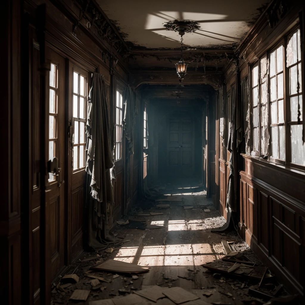 An eerie, haunted mansion with (candles flickering,shadows lurking:darker), and (long, winding hallway:1.2) leading to (creepy, decrepit rooms:1.1) filled with (antique furniture:1.1) covered in (dusty cobwebs:1.1). There is a (creepy, ghostly figure) standing by the (window:0.9), its (pale, translucent hands:1.1) pressed against the glass. The (moonlight:1.1) pierces through the (tattered curtains) casting (eerie shadows) that dance upon the (cracked, wooden floors:1.1).
The atmosphere is filled with (ominous silence:1.1), broken only by the (whispering winds:1.1) that echo through the halls. The air is heavy with (mystery and suspense), as if the mansion holds (dark secrets) just waiting to be uncovered. The (walls:0.9) are adorned with (ancient portraits:1.1) of (forlorn figures), their (haunting eyes:1.1) seeming to follow your every move.
As you explore further, you come across a (forgotten library) with (tattered books) strewn across the (dusty shelves:1.1). The light from a single (flickering candle) reveals (forgotten knowledge) and (spellbinding secrets). The (musty smell) of old parchment fills the room, adding to the sense of (age and decay).
Outside, the (overgrown garden) is shrouded in (dense fog), making it nearly impossible to see beyond a few feet. The (twisted trees) reach towards the sky, their branches resembling (gnarled fingers) that seem to beckon you closer. Among the (overgrown weeds), you spot (mysterious symbols) etched into (crumbling gravestones), hinting at a past shrouded in (dark rituals).
The (color palette) of the scene is dominated by (dark, desaturated tones) with hints of (sinister red) creeping through. The (lighting) is dim, casting long (ominous shadows) that seem to warp reality itself.
With this prompt, I hope to evoke a sense of (eerie unease), to transport the viewer into a chilling and mysterious world.
