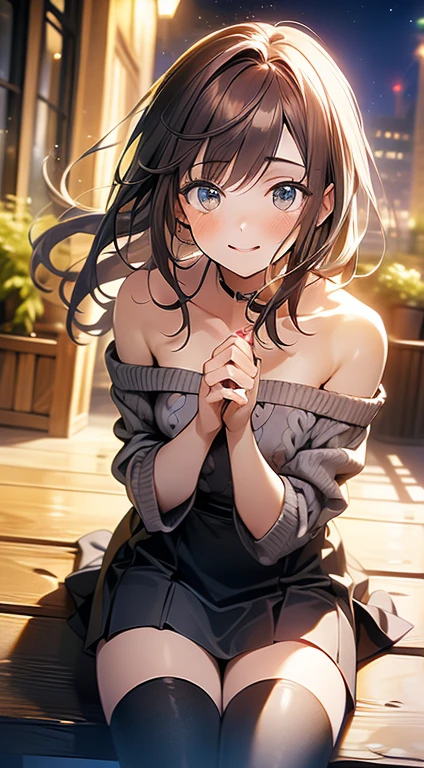 ((masterpiece, best quality, high resolution, ultra high definition, Pixel perfect, depth of field, 4K, RTX, human development report))), 1girl in, single, alone, Beauty、see whole body、 ((Long hair to waist, Short Liuhai, reddish brown hair)), ((blue eyes, beautiful eyelashes, realistic eyes)), ((Detailed face, blush:1.2)), ((smooth texture:0.75, lifelike质感:0.65, lifelike:1.1, Anime CG style)), medium breasts, Perfect body, (( collarless sweater, bare shoulders, short skirt ,Black tights)), Smile, side sitting position, (The wind is strong and blows my hair,Expose left shoulder、Black tights) , Night view hot spring,Snowy nights