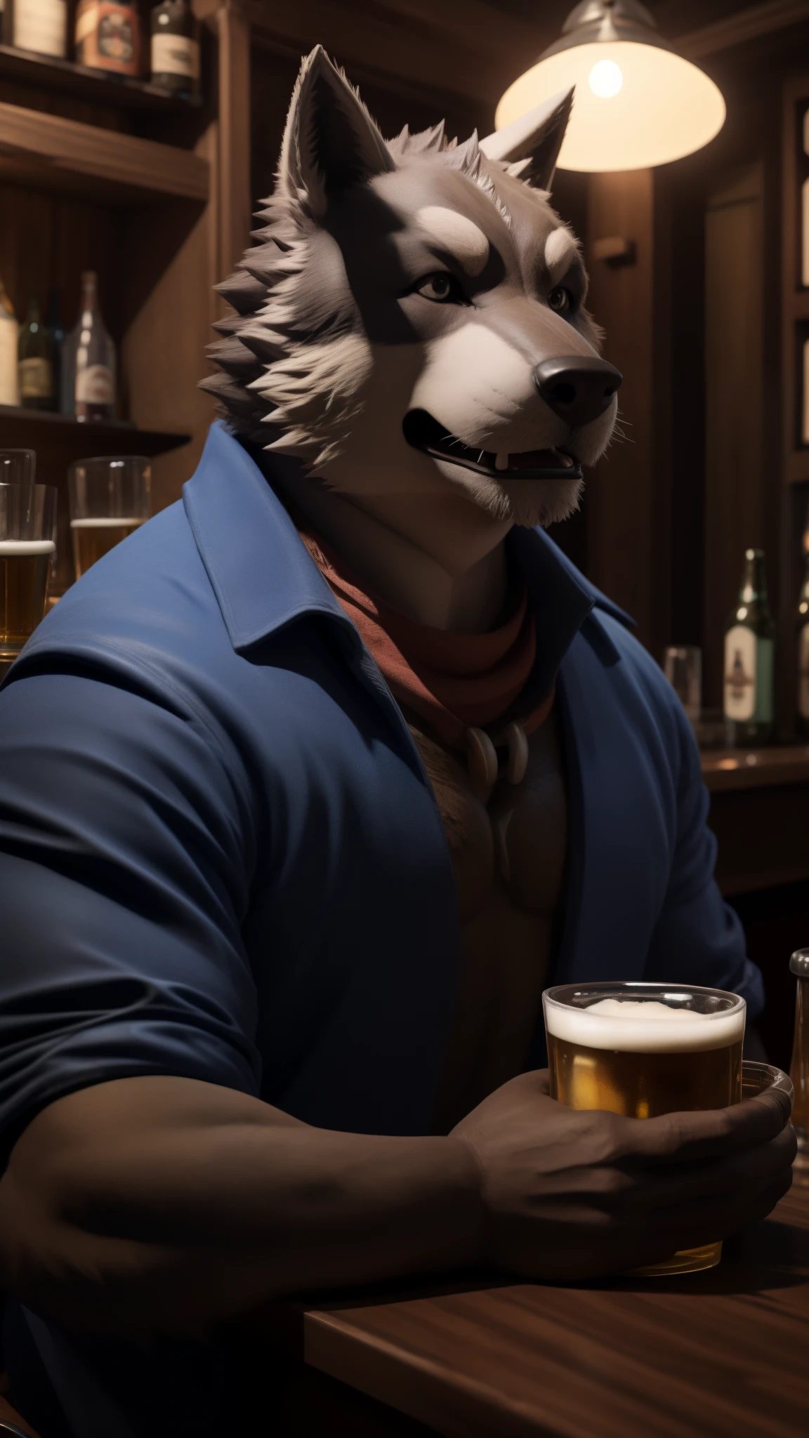 An extremely fucking awesome portrait of Kuugo alone in a bar drinking beer, completely drunk, looking at this disgrace of a spectator who is stoned and stoned at the same time, this misfortune has to be very realistic and in 3D in Full HD 980k