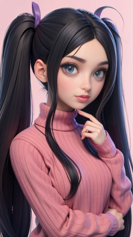 1 garota, Tohsaka also., Sozinho, Cabelo longo, sweater, pink sweater, olhando para o espectador, fundo azul, Cabelo preto, fundo simples, dois lados para cima, gola alta, olhos azuis, lips, boca fechada, fita, hair fita, franja, gola alta sweater, tronco, parted franja, black fita, ribbed sweater, twintails, nariz,