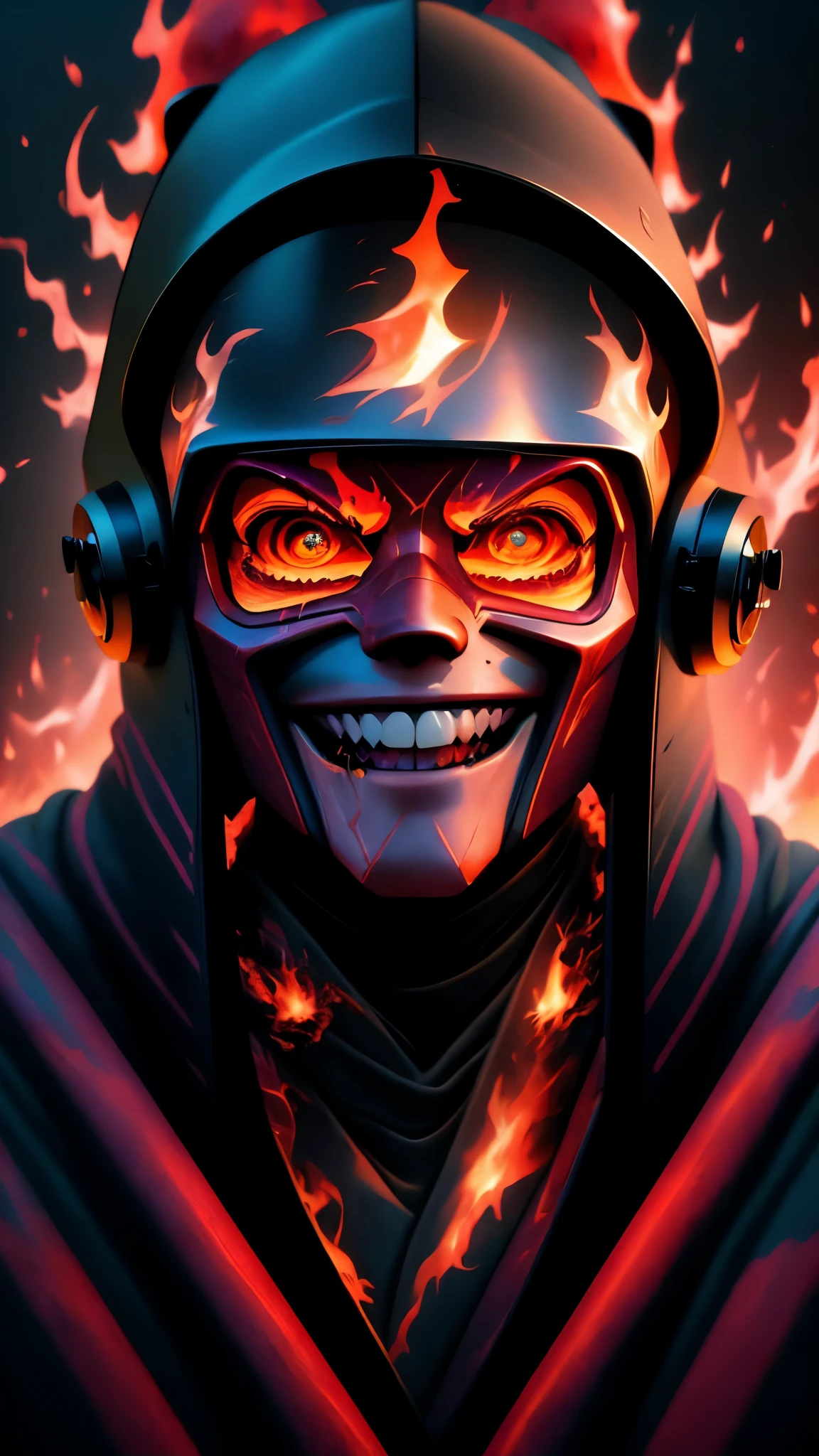 a close up of a person wearing a mask in a fire, all face covered with a fire, the pyro, profile picture 1024px, red fire eyes, profile pic, with red haze and a massive grin, villain wearing a red oni mask, 8 k highly detailed ❤🔥 🔥 💀 🤖 🚀, red face, scary style, deep pyro colors