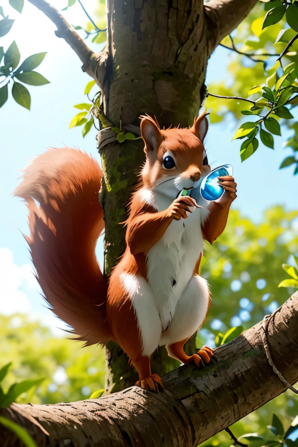  red squirrel with a really large bushy tail in a tree holding a ring with a light blue teardrop shaped gem