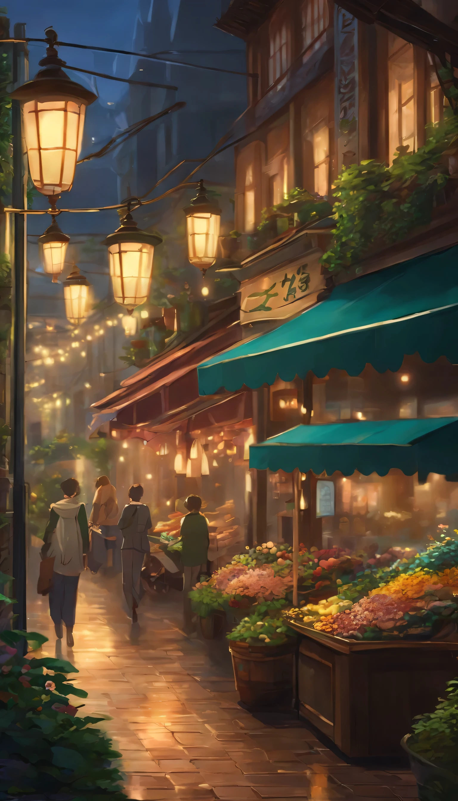 City flower shop, potted plants, flower, rainny night,water reflection puddle,oriental design, hanging lights , digital painting, sunset,wind up,concept art, illustration, intricate, many people, hanging lights, happy, beautiful colorful light, flower, plants ((tileset)) Anime - City street style scene, a woman waiting in front of a store, anime background art, detailed scenery - width 672, anime landscape concept art, anime style cityscape, Studio Ghibli anime style, Studio Ghibli art style, Studio Ghibli program, anime landscape, Studio Ghibli art style, Landscape artwork, Beautiful anime landscape, Forest city street, Ghibli art style, cake shop, cake shop, bakery cake shop, Makoto Shinkai style, Makoto Shinkai anime, Shinkai Makoto art style