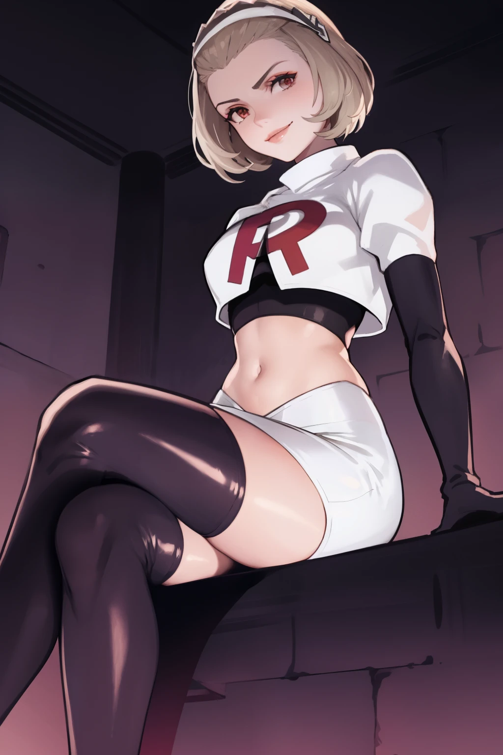 defManuela,glossy lips ,team rocket uniform, red letter R, white skirt,white crop top,black thigh-high boots, black elbow gloves, evil smile, sitting down, looking down on viewer ,legs crossed, night sky background