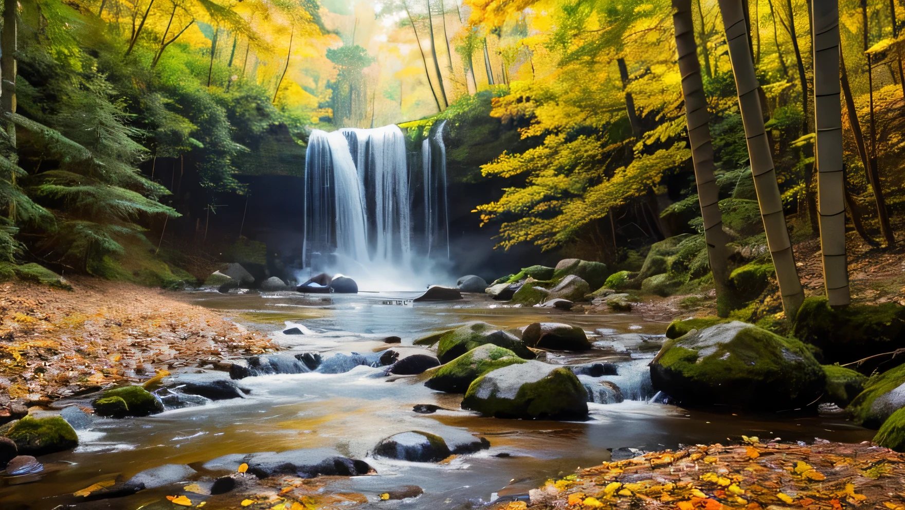 A cozy cabin in the woods surrounded by colorful autumn leaves, near waterfall, A realistic image of there is a hot girl sitting in a shelter in the bamboo, forest with tall trees and colorful leaves, with rays of sunlight and mist creating a magical atmosphere, morning wildlife photography