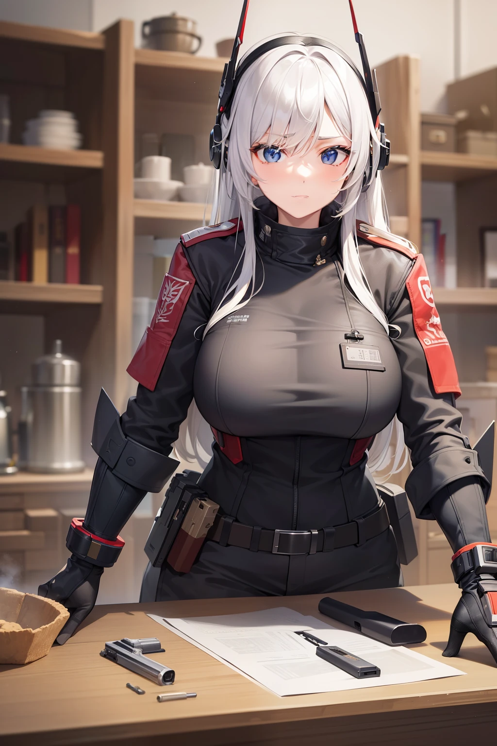 (Masterpiece with a resolution of 8k and RAW photos, showcasing the best quality and proficiency level 1.2), (Breathtaking fidelity and authenticity at 1.37), arms dealers and merchants, cluttered with display cabinets and workbenches, filled with an array of modification tools and various arms, arms dealers specializing in futuristic technology, gun display shelves gleaming under the best quality lighting, sleek and modern design, Genaku --s2, dressed in combat fatigues, focused intently on fine-tuning the intricacies of a weapon, expression stern yet determined.