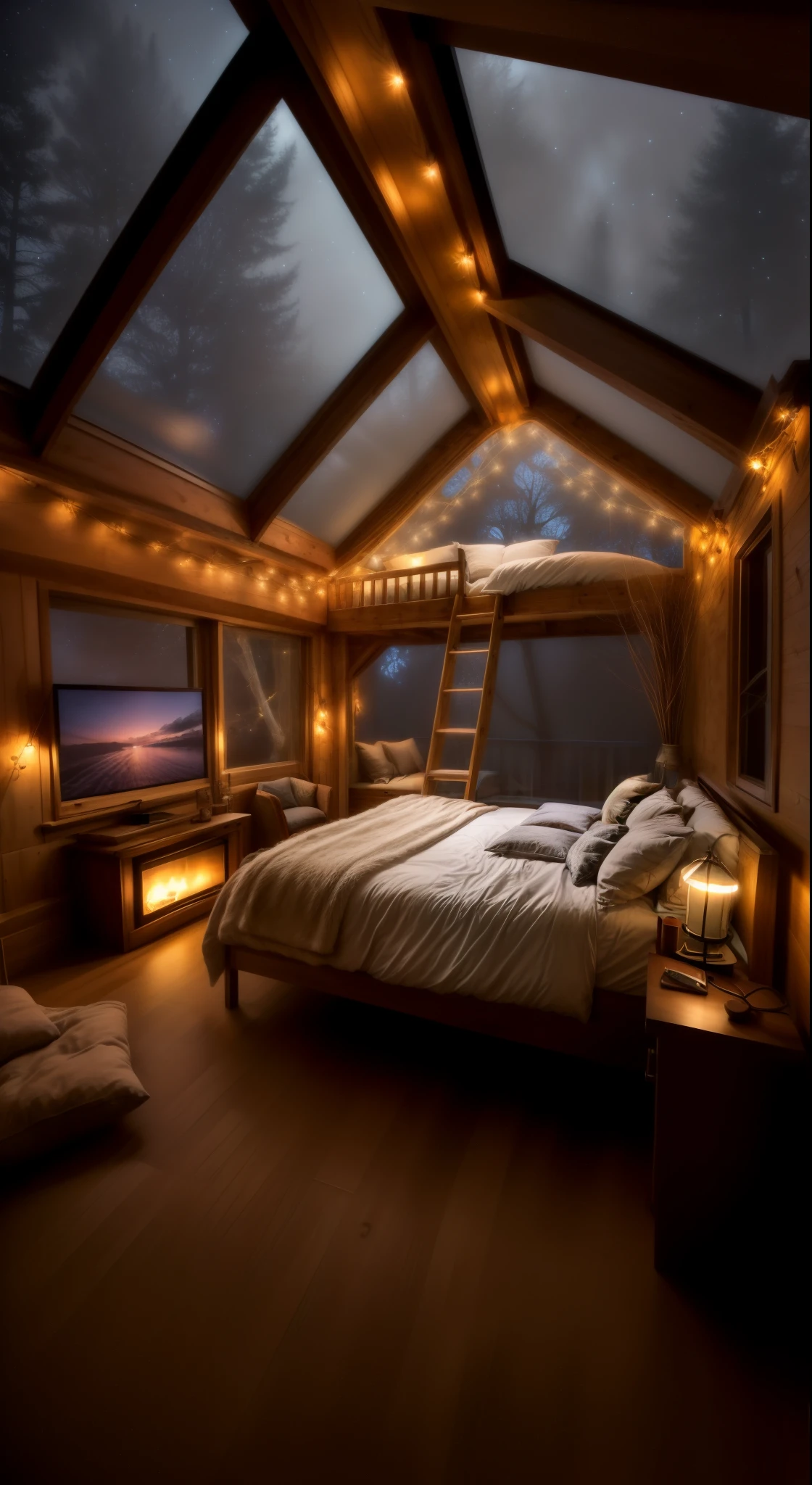 arafed bedroom with a loft bed and a ladder, cozy treehouse bedroom, cozy room, cozy lights, cozy atmospheric, cozy place, cozy lighting, cozy and calm, cosy atmoshpere, cozy bed, cozy and peaceful atmosphere, cozy environment, cozy setting, cozy night fireflies, thomas kinkade. cute cozy room, cozy atmosphere, cosy enchanted scene