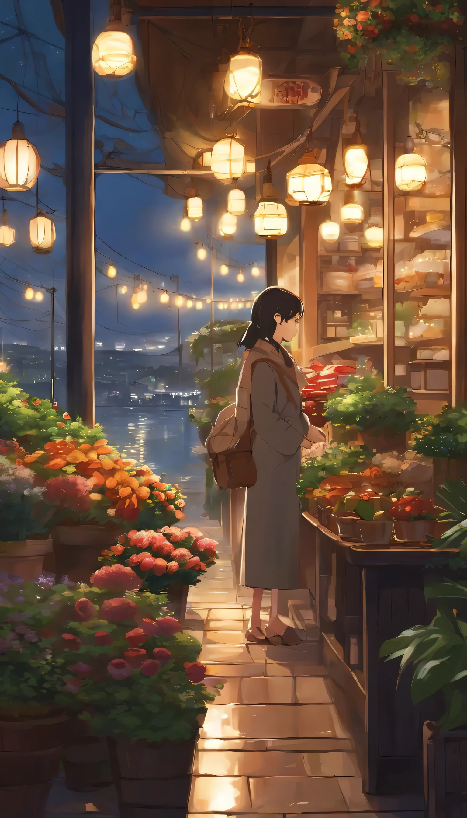 City flower shop, potted plants, flower, rainny night,water reflection puddle,oriental design, hanging lights , digital painting, sunset,wind up,concept art, illustration, intricate, many people, hanging lights, happy, beautiful colorful light, flower, plants ((tileset)) Anime - City street style scene, a woman waiting in front of a store, anime background art, detailed scenery - width 672, anime landscape concept art, anime style cityscape, Studio Ghibli anime style, Studio Ghibli art style, Studio Ghibli program, anime landscape, Studio Ghibli art style, Landscape artwork, Beautiful anime landscape, Forest city street, Ghibli art style, cake shop, cake shop, bakery cake shop, Makoto Shinkai style, Makoto Shinkai anime, Shinkai Makoto art style