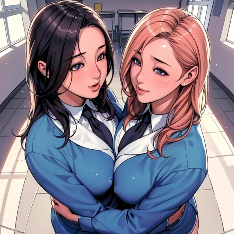 masterpiece, 8k, high quality, highly detailed, detailed face, HDR, vivid colors, natural lighting, at school, sheer sexy uniform,(covered nipples:0.9),medium breasts,2 girls, friends, looking to each other, heads together, (kissing), long hair, open hair, (embarrased face, happy face), shy, from above