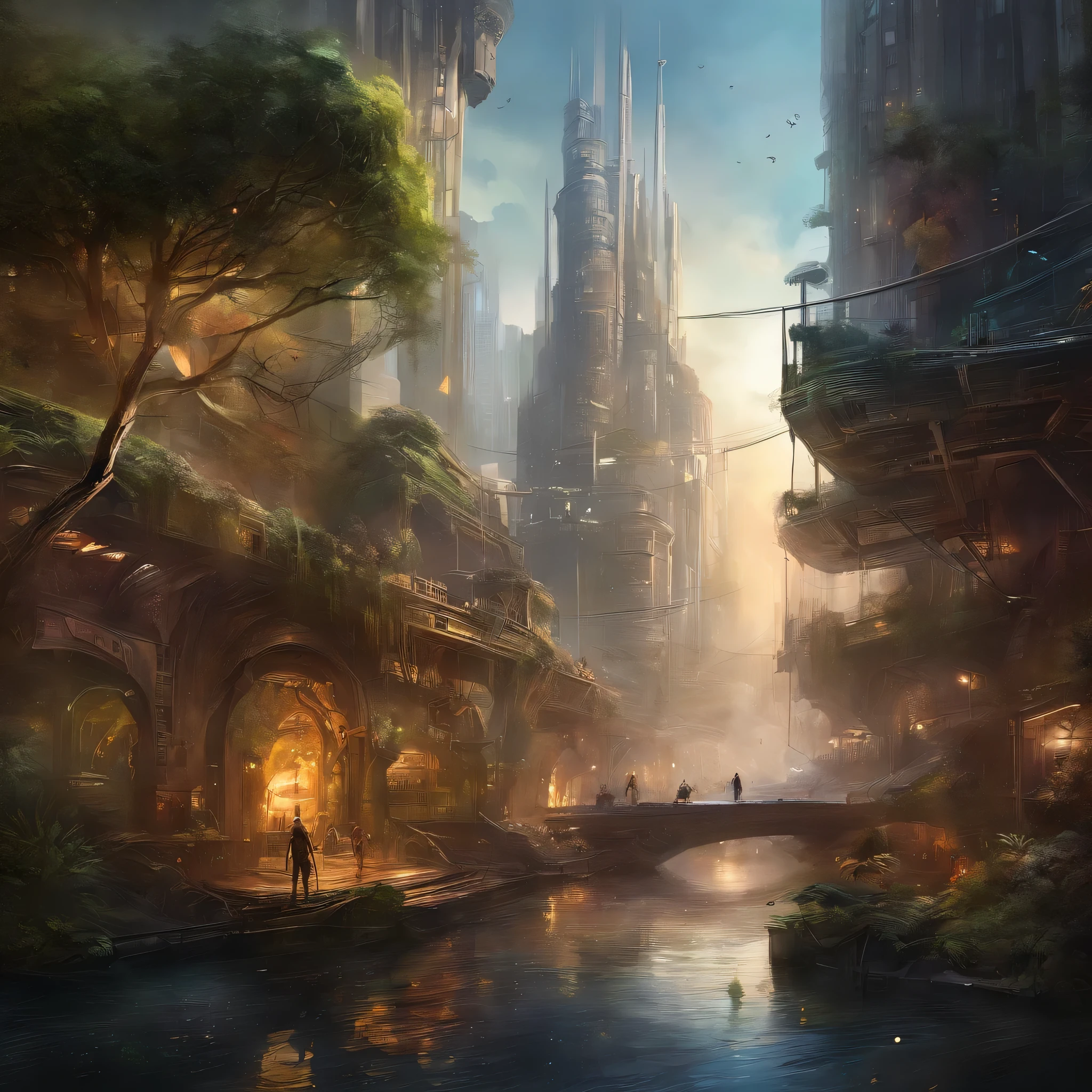 Cyberpunk city with tree building, detailed digital concept art, futurism environmental concept art, high quality digital sci-fi concept art, beautiful 3 d concept art Hollywood, award winning concept artist, concept art wallpaper 4k, fantasy digital painting, cyberpunk,bastien grivet, ross tran. Sci-fi background, concept art |weta Art's beautiful concept art. Sony mirrorless camera shot ,