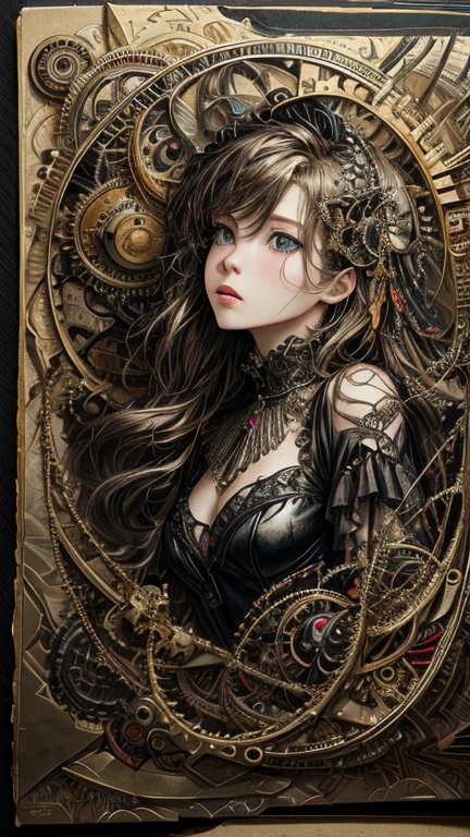 official art, unity 8k wallpaper, Super detailed, beautiful and aesthetic, masterpiece, highest quality, (zentangle, mandala, tangle, entangle), (fractal art:1.3) ,( 1 girl:1.4), very detailed, dynamic angle, cowboy shot, the most beautiful form of chaos, elegant, brutal designer, Bright colors, romanticism, Written by James Jean, robbie dowi antono, Ross Tran, francis bacon, Michael Mraz, Adrian's genius, Petra Cortright, Gerhard Richter, takato yamamoto, ashley wood, in the atmosphere, ecstasy of notes, Streaming notes are displayed,gear,fine decoration, Beautiful relief, collection of small parts, steampunk,zentangle、mandala、