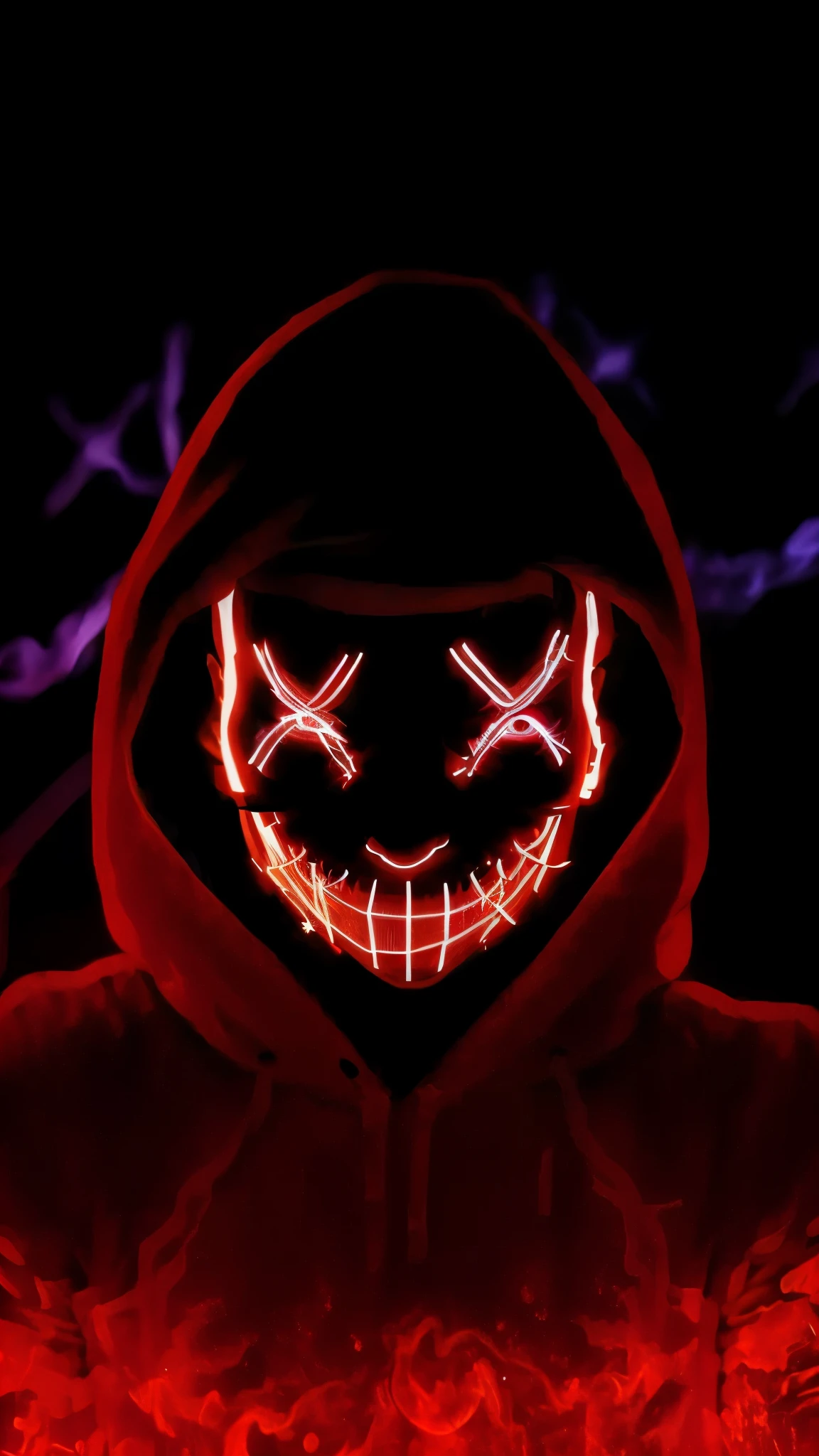 a person in a hoodie with a glowing mask on, evil smile and glowing eyes, in an alleyway during the purge, with red glowing eyes, red neon, evil glow, ghost neon, elaborate lights. mask on face, glowing-eyes-and-mouth, red glowing eyes, red lighting on their faces, scary style, with glowing eyes, profile pic