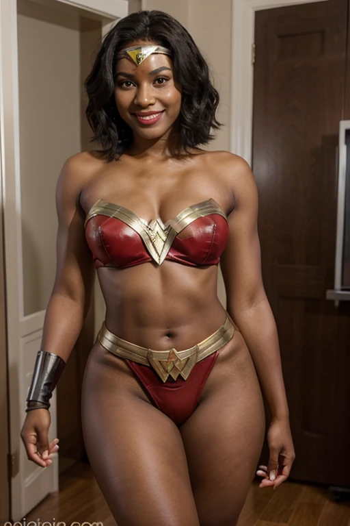 @Brazilian, 25 years old, short straight hair, dark skin, wearing a Wonder Woman outfit, thick legs, big hips, smiling with red lipstick