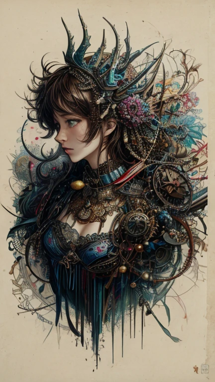 official art, unity 8k wallpaper, Super detailed, beautiful and aesthetic, masterpiece, highest quality, (zentangle, mandala, tangle, entangle), (fractal art:1.3) ,( 1 girl:1.4), very detailed, dynamic angle, cowboy shot, the most beautiful form of chaos, elegant, brutal designer, Bright colors, romanticism, Written by James Jean, robbie dowi antono, Ross Tran, francis bacon, Michael Mraz, Adrian's genius, Petra Cortright, Gerhard Richter, takato yamamoto, ashley wood, in the atmosphere, steampunk,gear