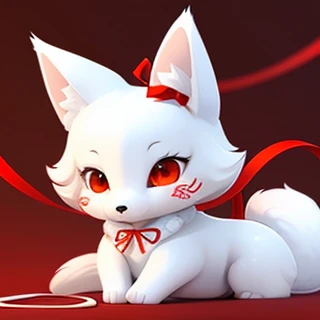 cute fox　White　red ribbon