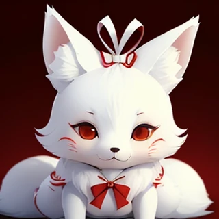 cute fox　White　red ribbon