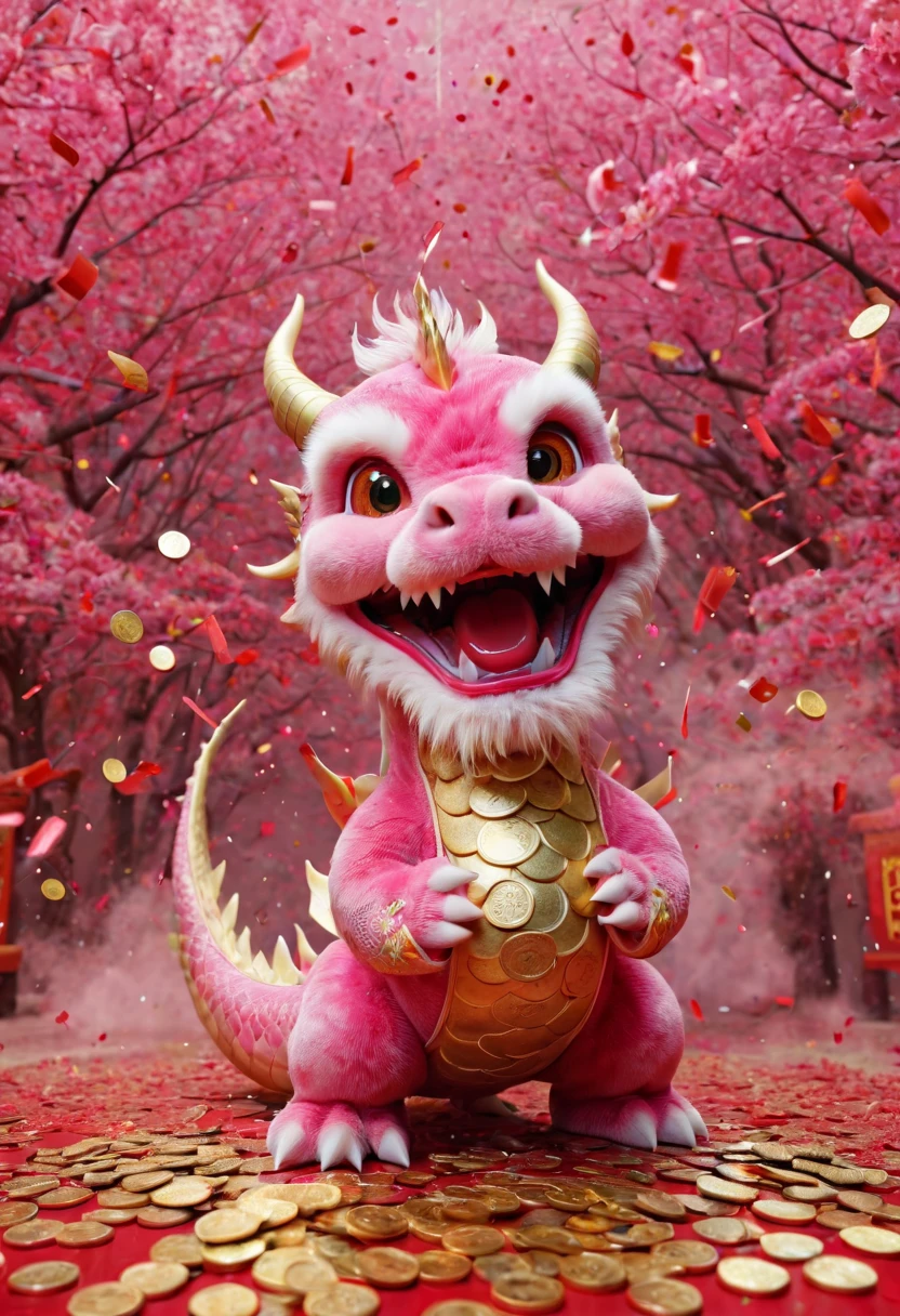 Chinese Lunar New Year has arrived,baby oriental dragon,hairy body,big furry head,pink,Silly dragon,interesting。Many gold coins burst out from firecrackers,Red and gold confetti flying in the sky,Gold coin rain,A strong festive atmosphere,It was very lively。