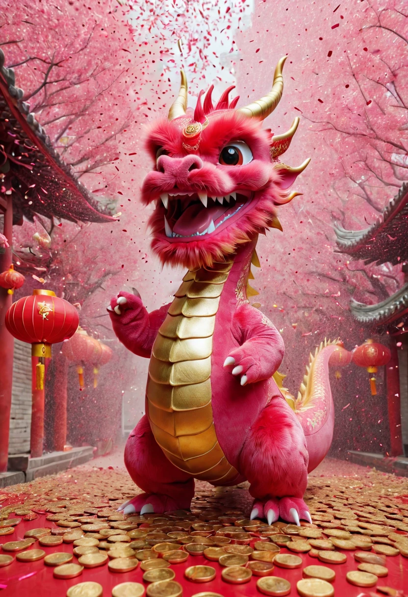 Chinese Lunar New Year has arrived, oriental dragon,hairy body,big furry head,pink,Silly dragon,interesting。Many gold coins burst out from firecrackers,Red and gold confetti flying in the sky,Gold coin rain,A strong festive atmosphere,It was very lively。